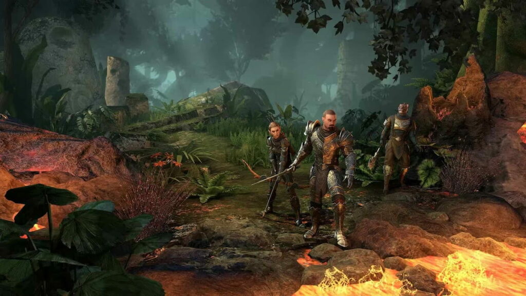 Image showing three adventurers investigating an area with flowing lava. A knight in the front with a ranger female behind him. Another character on the back right looking at another area.