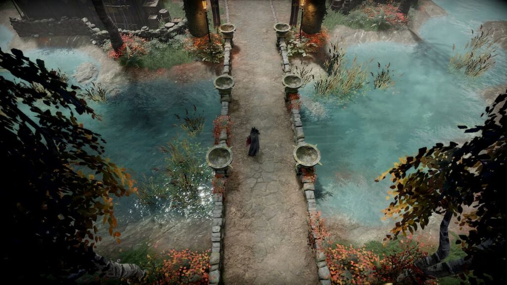 Screenshot of a vampire crossing a bridge in V Rising.