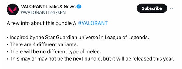 An account on X posted a leak regarding the new Valorant bundle