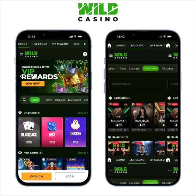 Two mobile screenshots for Wild Casino, showing the home page and live casino.