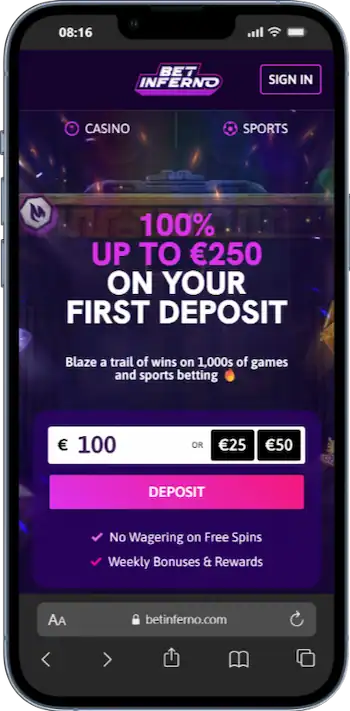 Bet Inferno hemsida från mobil