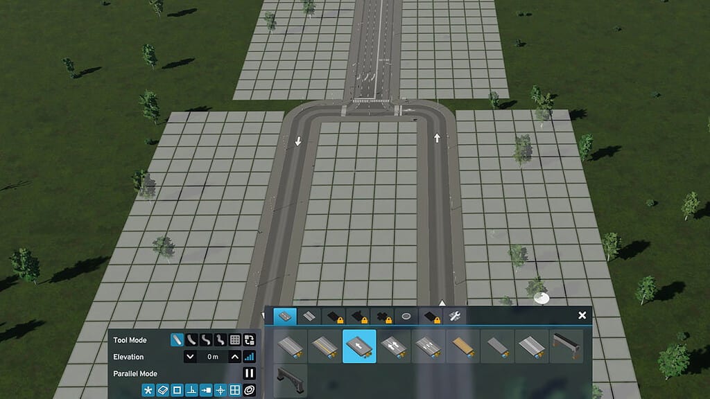 Image of an angled connection with two one-way roads merging into a single two-way road in Cities Skylines 2.