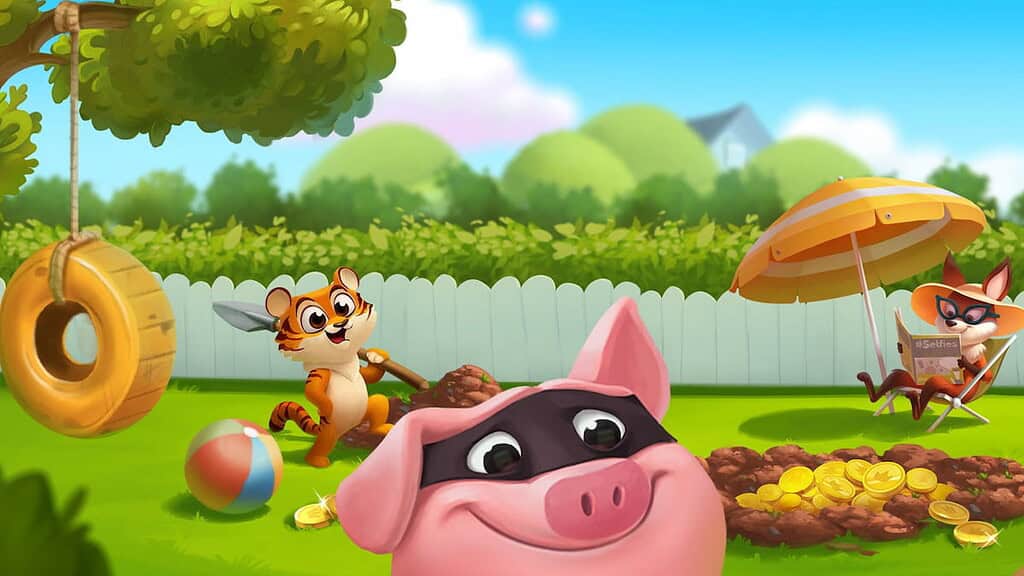 Coin Master image of a tiger, a pig and a fox in the backyard