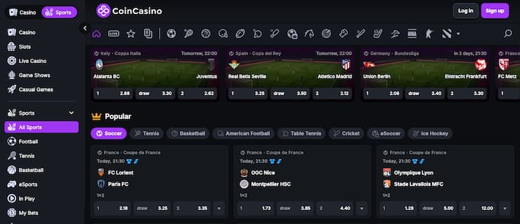 No verification betting sites sportsbook at CoinCasino crypto betting platform