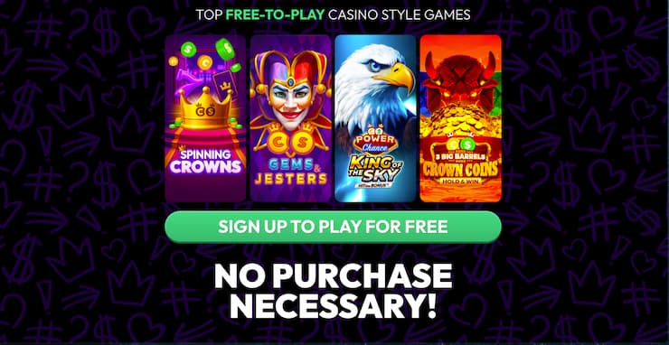Crown Coins sweepstakes casino free-to-play games screen showing promotional slots and no purchase necessary banner