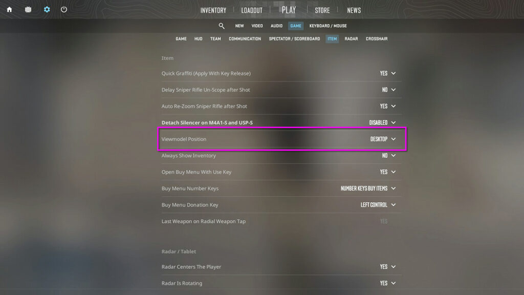 Image of the Viewmodel Position option in Settings of CS2.