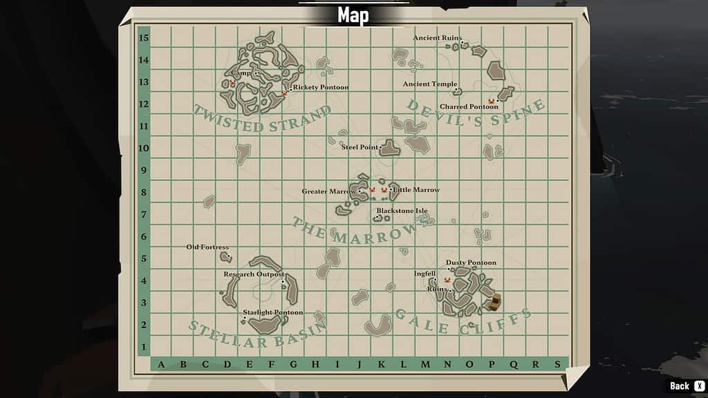 A map from Dredge showing the Gale Cliffs shrine.