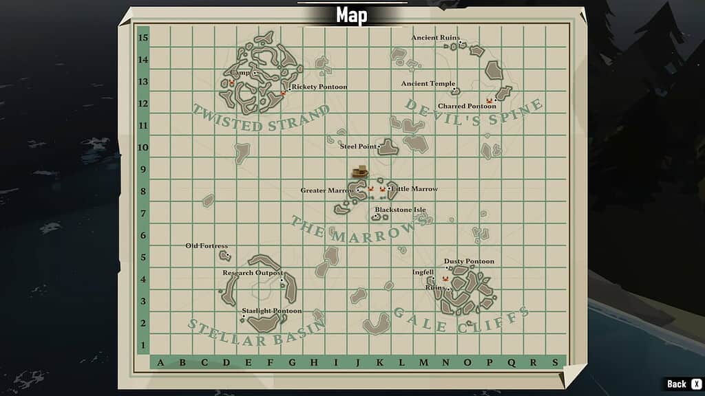 A map from Dredge showing the Marrows shrine.
