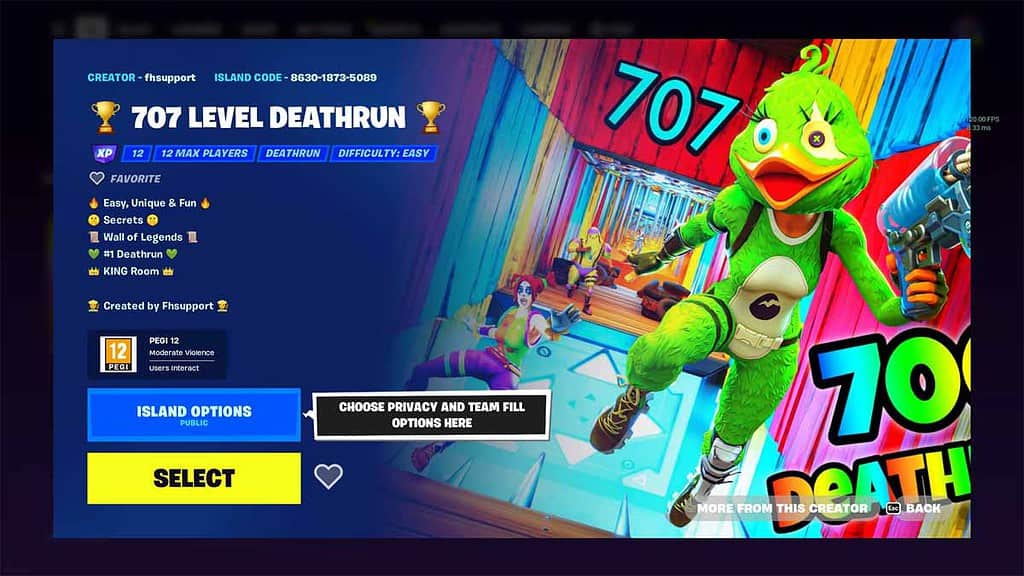 An image of 707 Level Deathrun Creative map, one of the best XP maps in Fortnite.