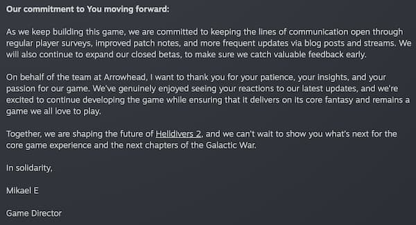 Helldivers 2 Game Director thanks the players at the end of the 60-day deadline.