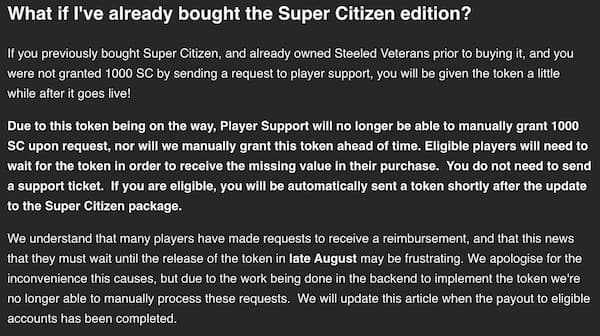 Kayla, an Arrowhead dev, confirms that there would be no reimbursements until the Warbond Token drops in Helldivers 2.