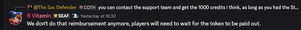 B Vitamin talks about Warbond reimbursement in Helldivers 2 Discord.