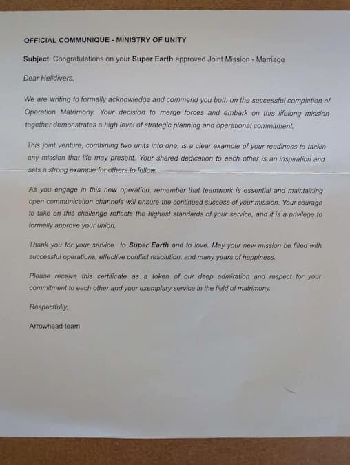 Arrowhead's response to a wedding invitation of a Helldivers 2 couple.