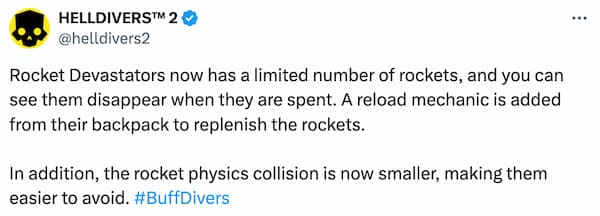 Rocket Devastators will receive a buff in the upcoming Helldivers 2 update