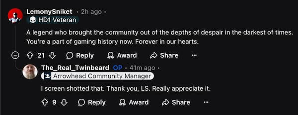 Twinbeard interacting with a Helldivers 2 fan.