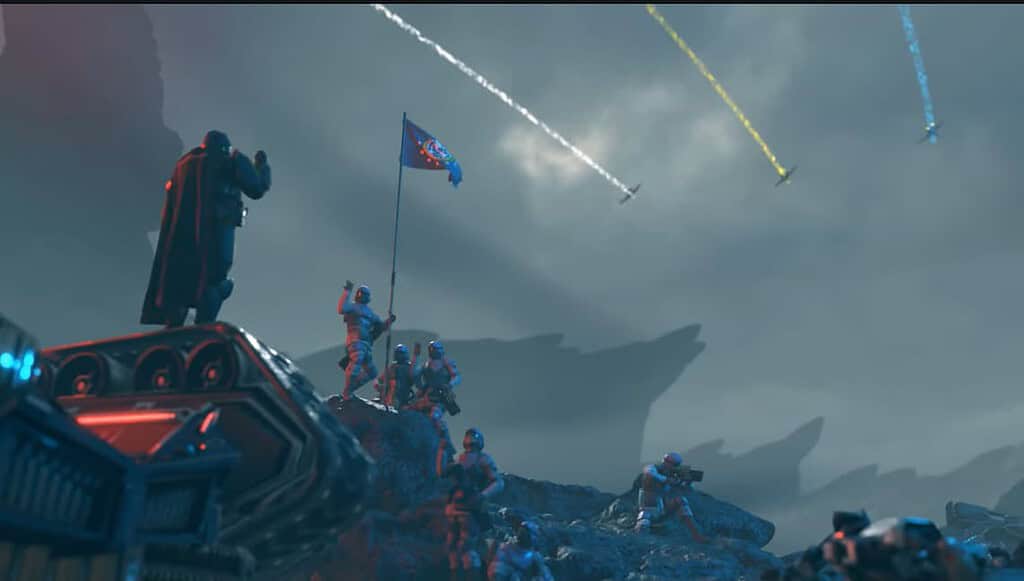 A still from a Helldivers 2 animated short featuring General Brasch.