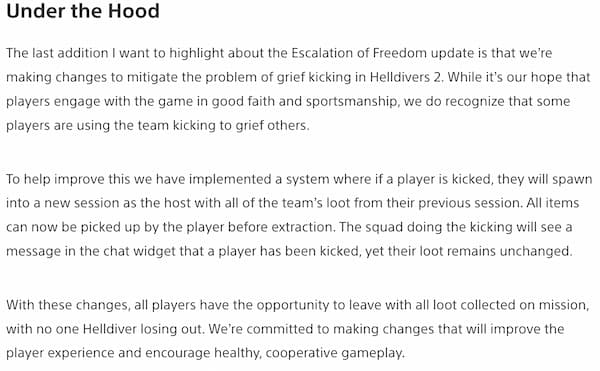 Helldivers 2 devs put a stop on grief kicking.