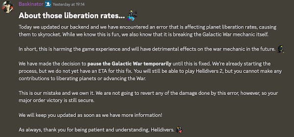Helldivers 2 devs pause the Galactic War as they fix the issue with the liberation rates.