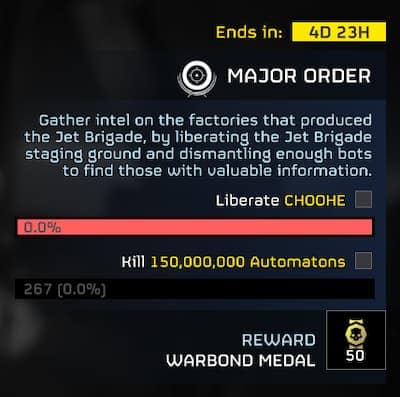 The latest Major Order has the Helldivers 2 killing 150 million bots and liberating Choohe