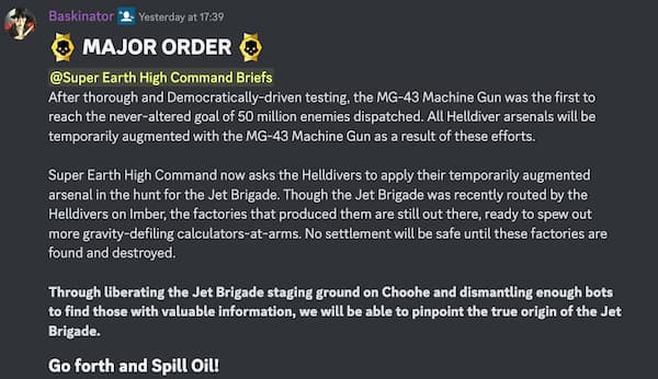 A Major Order Briefing on the official Helldivers 2 Discord