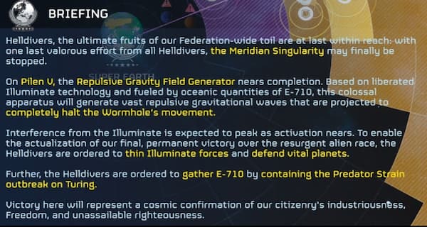 The briefing for a Major Order in Helldivers 2.