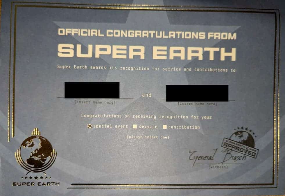 Helldivers 2 couple received a certificate signed by General Brasch.