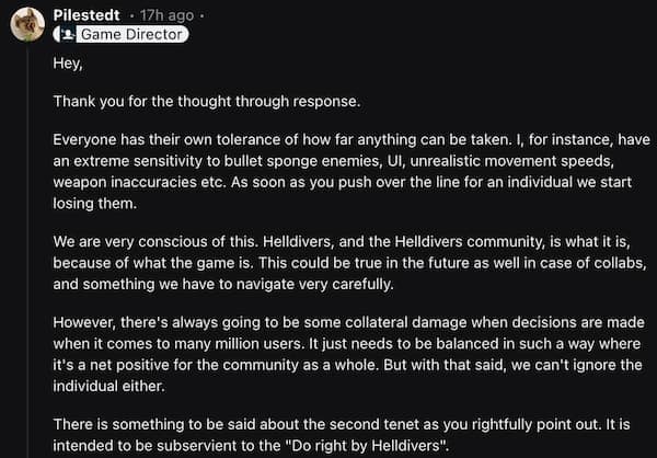 Pilestedt explains Arrowhead's philosophy about Helldivers 2.