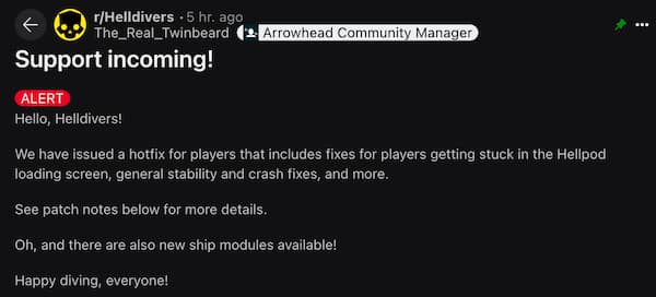 Helldivers 2 Community Manager shares the latest patch details.