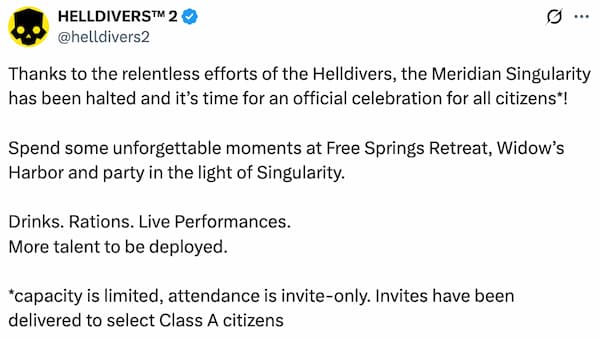 The announcement of the Singularity Party in Helldivers 2.
