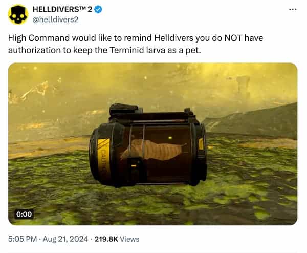 High Command warns the Helldivers 2 players not to keep the Terminid larva as a pet