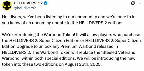 Announcement of the Warbond Token in Helldivers 2.
