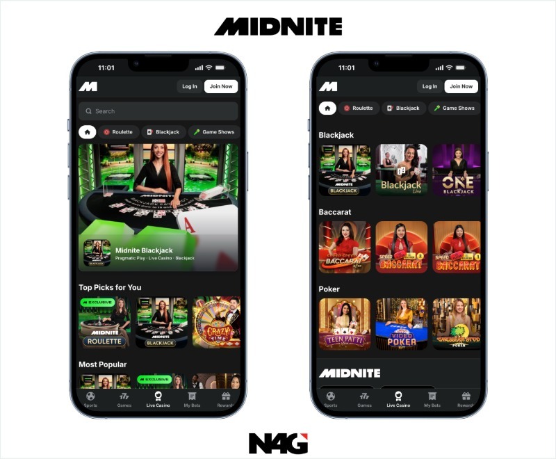 Dual cellphones featuring the Midnite casino interface on screen, representing best new casinos UK optimized for mobile users