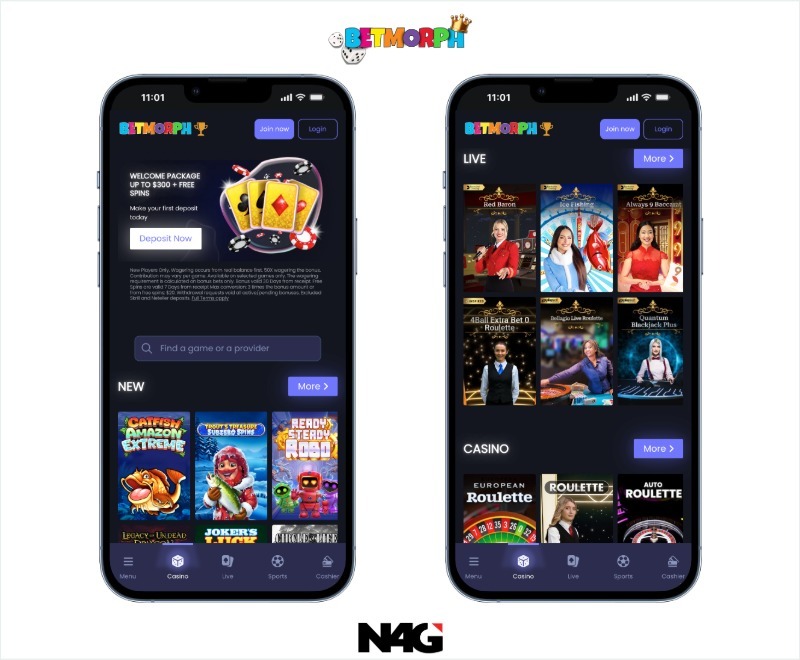 Two mobile phones side by side showing the BetMorph platform, highlighting best new casinos UK with modern design and gameplay.