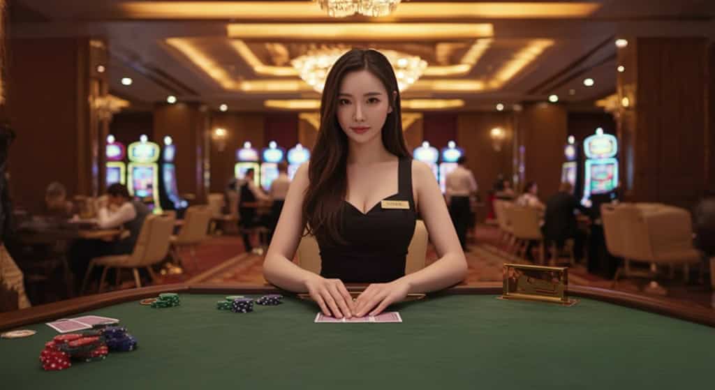 한국인 여성 바카라 딜러가 테이블위에서 게임을 준비