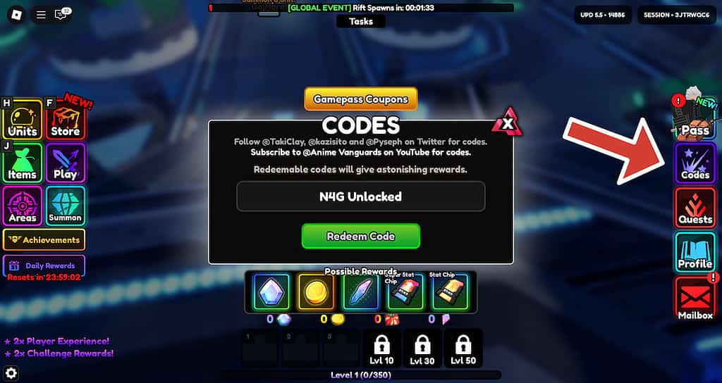 Anime Vanguards the location of the Codes button with the window opened to enter the codes