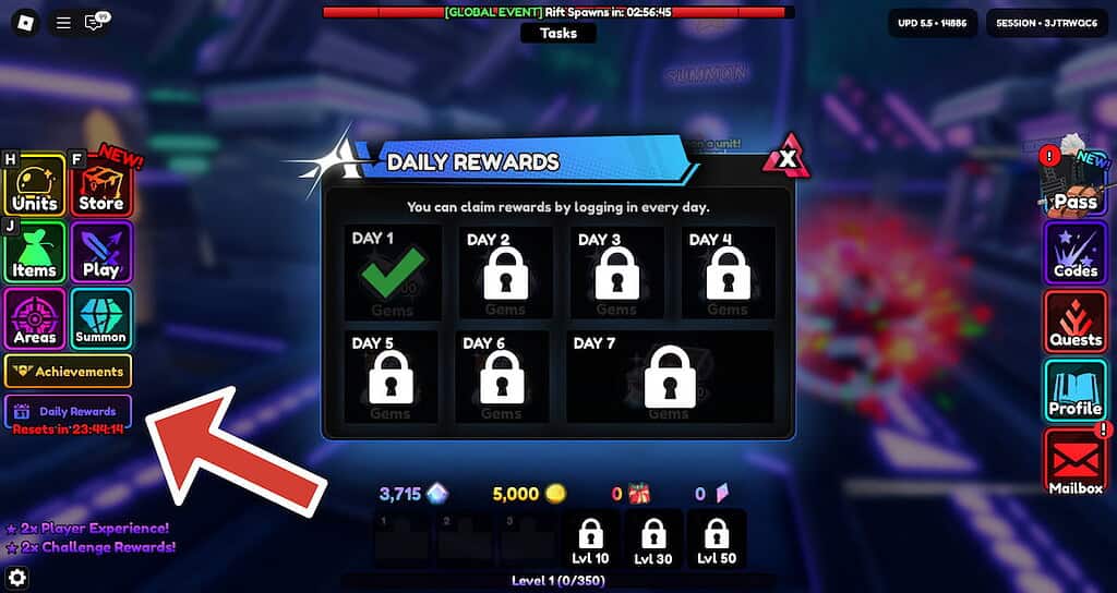 Anime Vanguards Daily bonus rewards
