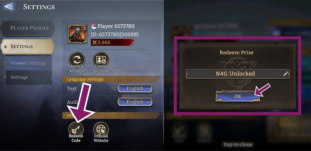 Watcher of Realms screenshot of promotional code button location