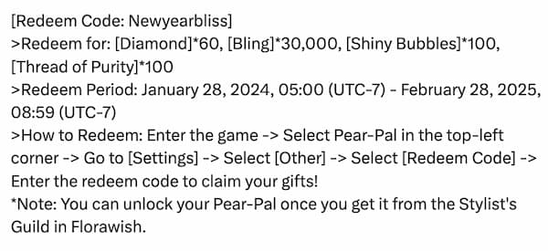 New Year Redeem Code in Infinity Nikki