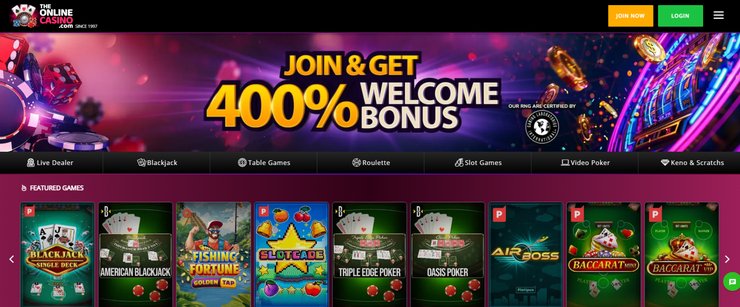 A screenshot of TheOnline Casino's gambling site homepage