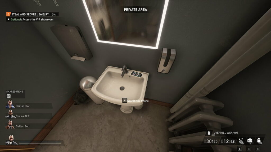 Image of the bathroom with the QR code on the phone in Payday 3.