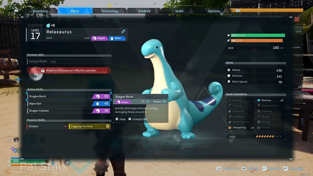 Relaxaurus' profile in the Paldeck in Palworld