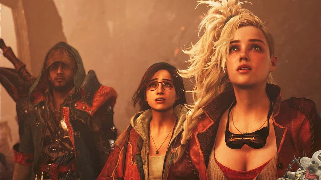 Monster Hunter Wilds three NPCs looking up