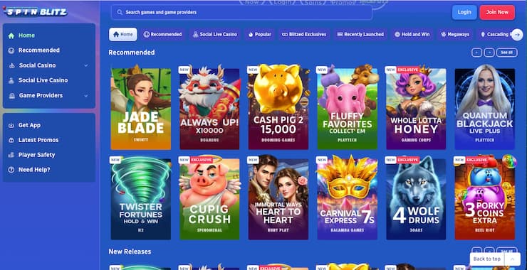 Spinblitz sweepstakes casino game lobby with slot titles and social casino interface