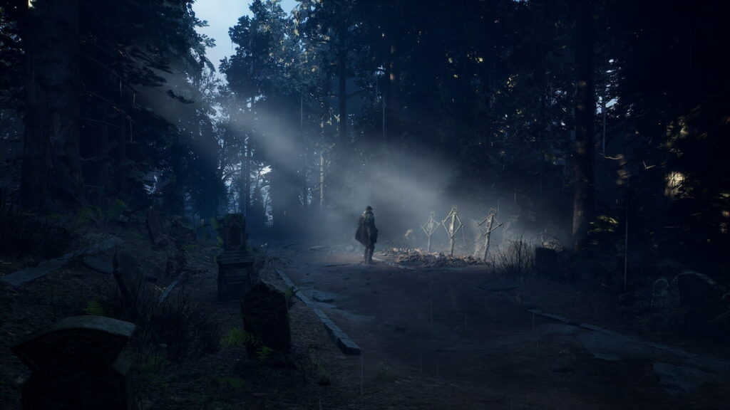 Playstation Hell Is Us protagnost looking at three graves