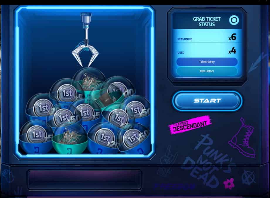 The First Descendant image of the Grab the Breakthrough event showing a claw game