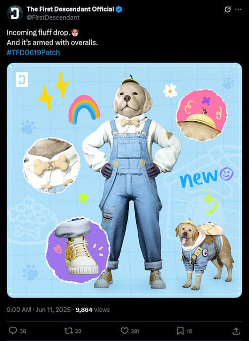 The First Descendant screenshot of the X post revealing the upcoming dog skin.