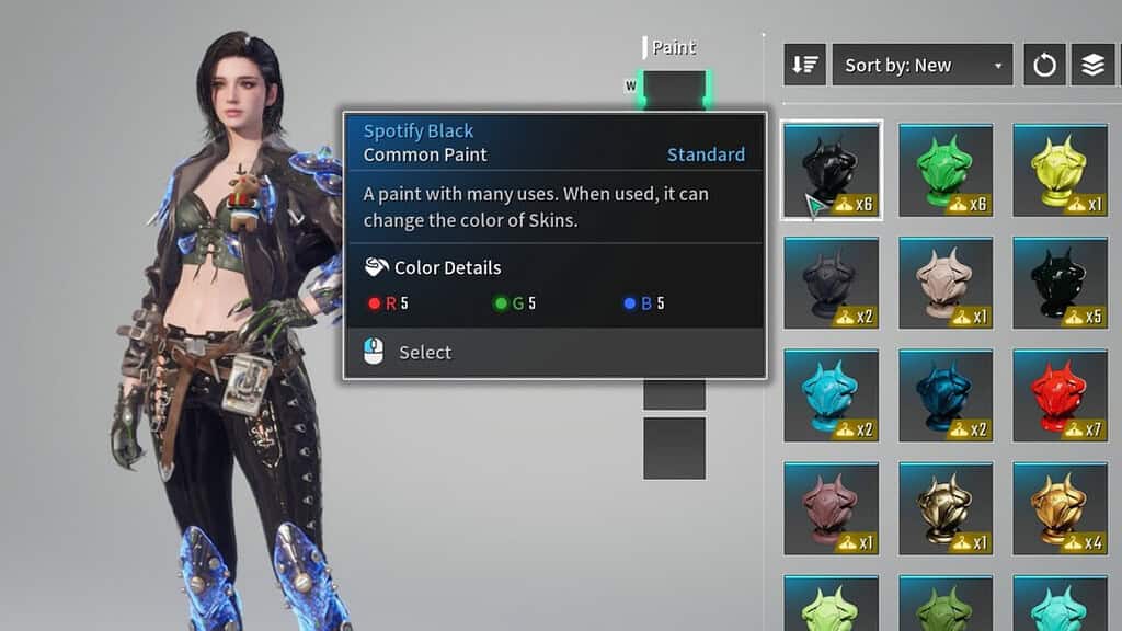 The First Descendant Freyna and Spotify Black pain in the Customization menu.