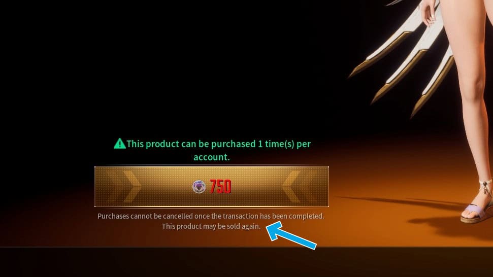 The First Descendant a blue arrow pointing to the text saying "his product may be sold again"