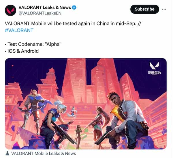 Leaks claim Valorant Mobile will be tested in mid-September.