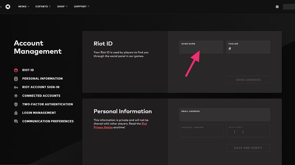 Image of the name change menu in Riot Games account for Valorant.
